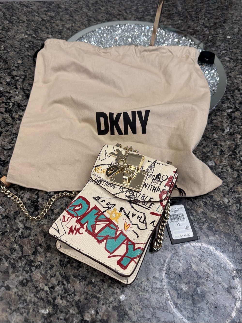 DKNY leather Graffiti phone Crossbody Bag with Teal & Red Accents NWT